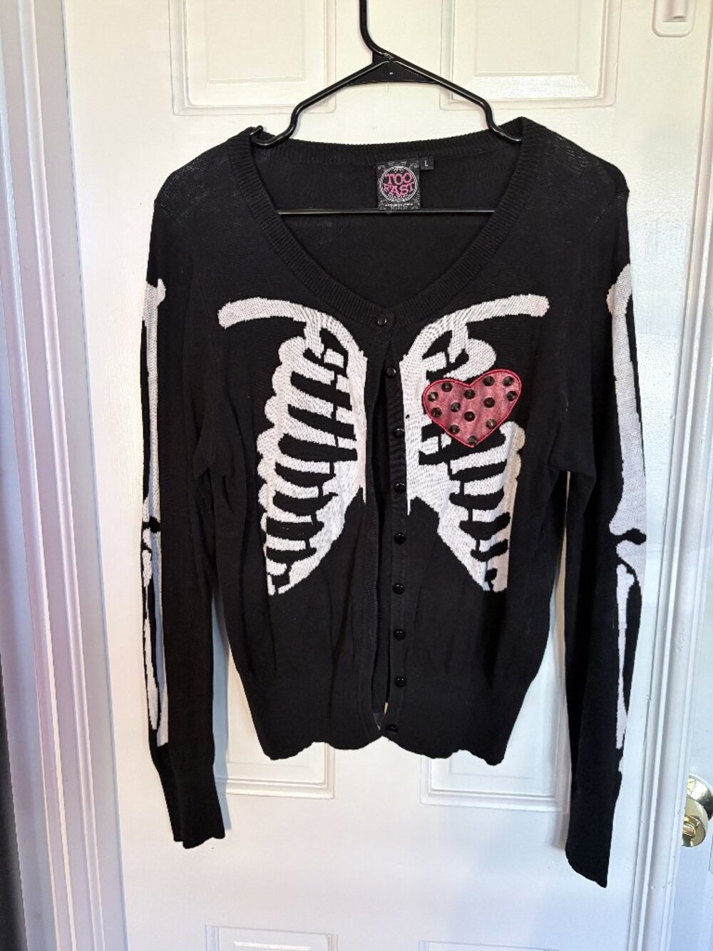 Too Fast Ribcage Skeleton Cardigan with Heart and Stud Detail